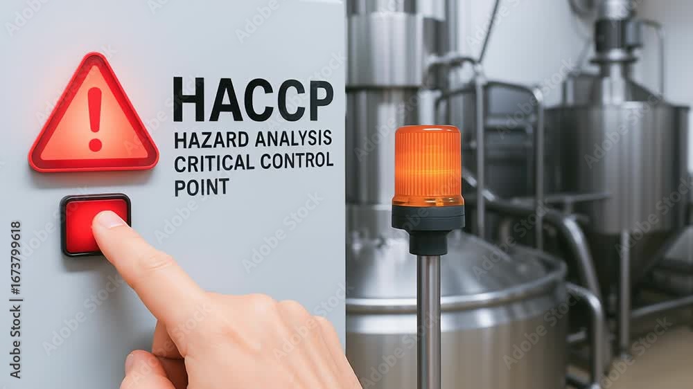 Poster haccp hazard analysis critical control point system with hand pressing red emergency button near ind