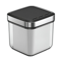 Square, clear glass food storage container with a black lid and stainless steel trim