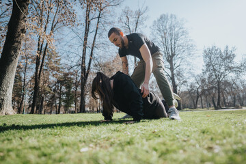 A man coaches a teenager doing push-ups during a workout session in a park. The image conveys...