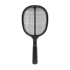 Black handheld electric insect zapper.  A dark gray/black racket-shaped device with a mesh screen.  Features a handle and a  UV light source