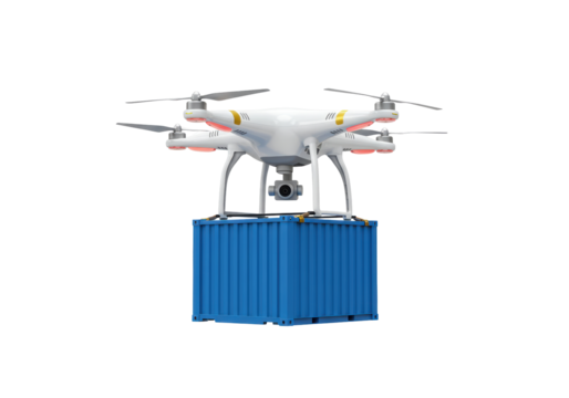 Isolated delivery drone carrying container, shipping goods and e-commerce items aloft - Powered by Adobe