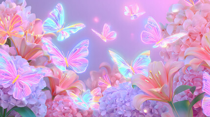 Butterflies flying in a dreamy flower field. Beautiful pastel fantasy art