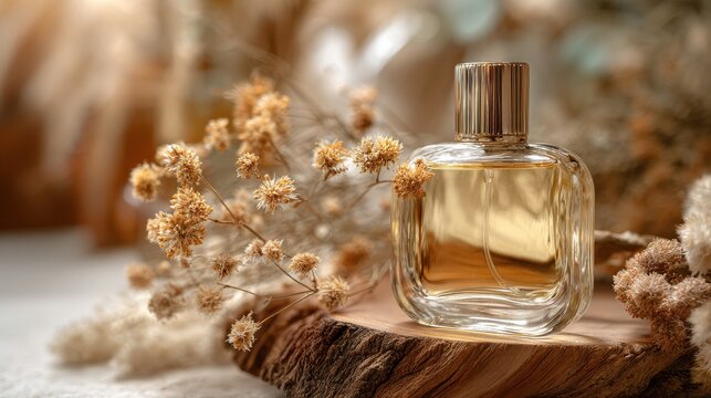 Elegant perfume bottle surrounded by dried flowers on wooden surface, capturing beauty and sophistication in a serene setting with soft natural lighting