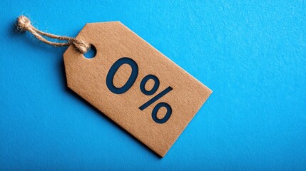 Discount Label with Zero Percent on Brown Cardboard Tag Hanging on Twine Against Bright Blue Background for Sales and Promotions