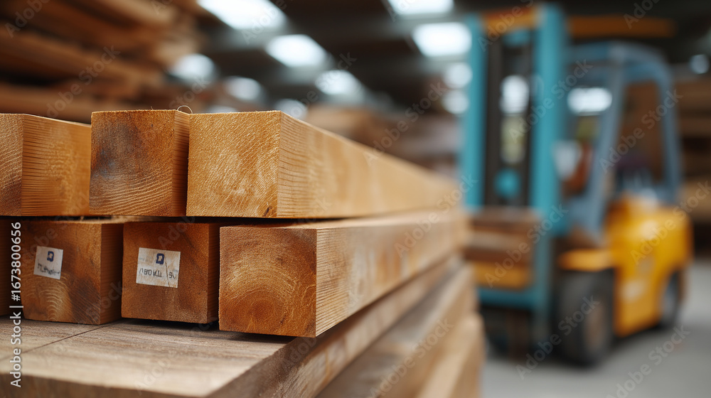 Aufkleber lumber yard section with stacked wooden planks and boards of various sizes featuring dimensional lum