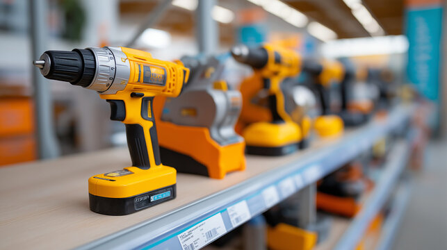 Neatly organized power tools displayed on retail shelving with bright LED lighting showing cordless drills circular saws and impact drivers with price tags and promotional