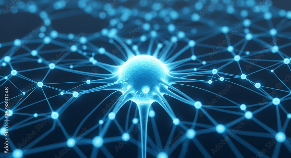 Poster abstract image of glowing blue neuron, connected nodes forming network, symbolizing neural connectio