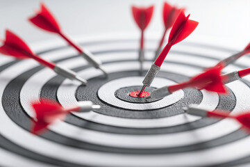 Precision in action as red darts hit the bullseye on a circular target board