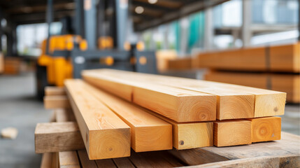 Lumber yard section with stacked wooden planks and boards of various sizes featuring dimensional lumber tags and a forklift in soft focus emphasizing the scale of building