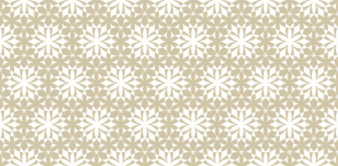Gold and white vector geometric seamless pattern. Golden abstract texture with flower silhouettes, mosaic. Luxury floral ornament background. Repeating geo design for decor, fabric, print, wallpapers