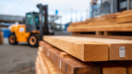 Lumber yard section with stacked wooden planks and boards of various sizes featuring dimensional lumber tags and a forklift in soft focus emphasizing the scale of building