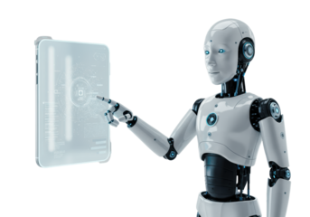 A sleek white and metallic blue humanoid robot with glowing bionic eyes gracefully interacts with a luminous floating digital interface in a transparent studio, concept of intuitive AI partnership