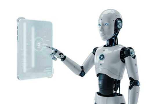 A sleek white and metallic blue humanoid robot with glowing bionic eyes gracefully interacts with a luminous floating digital interface in a transparent studio, concept of intuitive AI partnership