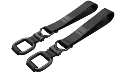 Two black fabric straps, each with a metal D-ring attachment