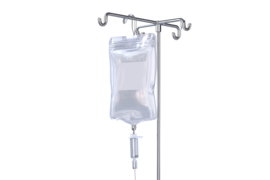 IV drip bag with stand isolated on transparent or white background for medical use in hospitals or clinics