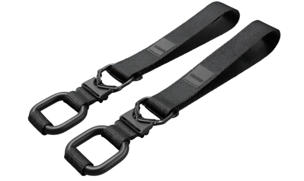 Two black fabric straps, each with a metal D-ring attachment