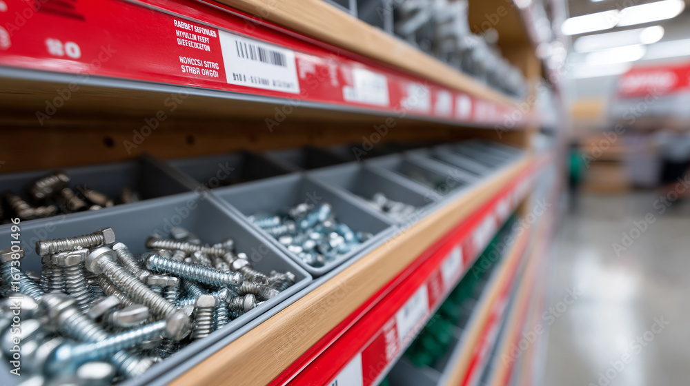 Aufkleber hardware aisle filled with bins of screws bolts and fasteners in organized compartments with clear l