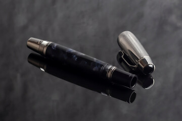 Fountain pen on dark marble background. Rare writing instruments.