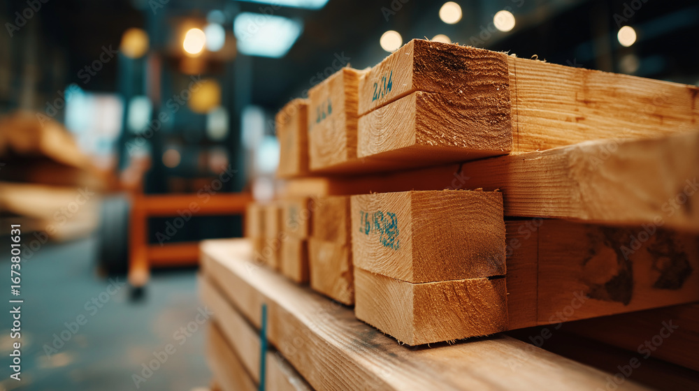 Aufkleber lumber yard section with stacked wooden planks and boards of various sizes featuring dimensional lum