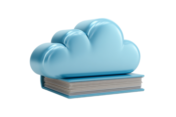 Cloud storage concept featuring a book symbol representing digital learning and knowledge sharing on transparent or white background