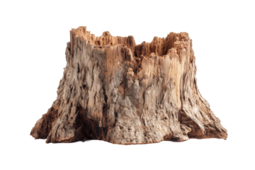 Deforested tree stump isolated on transparent or white background. showcasing natural textures and decay