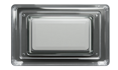 Clear rectangular button,  light gray interior.  Transparent,  modern,  technological