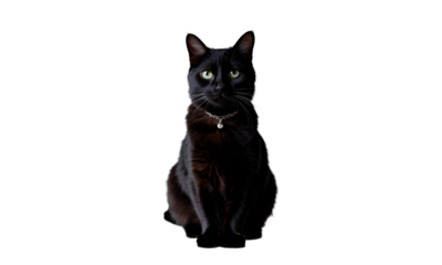 Black cat sitting looking at viewer with collar