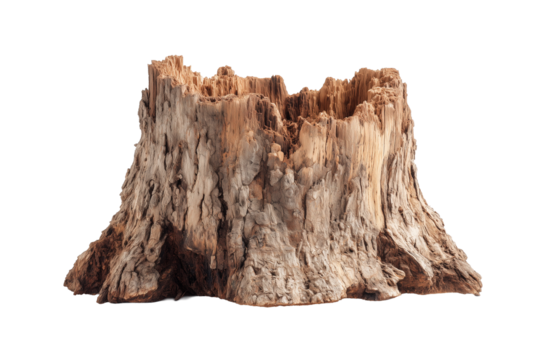 Deforested tree stump isolated on transparent or white background. showcasing natural textures and decay