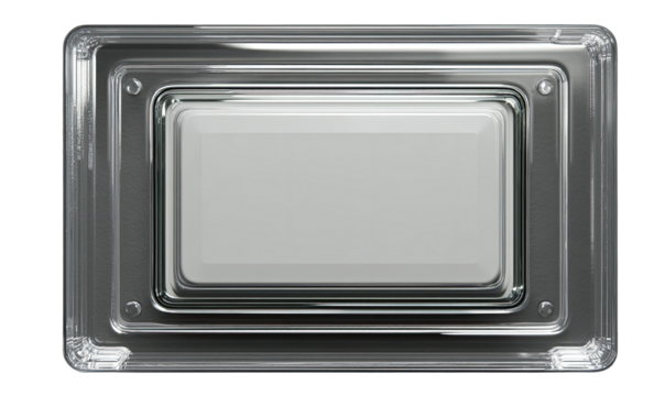 Clear rectangular button,  light gray interior.  Transparent,  modern,  technological