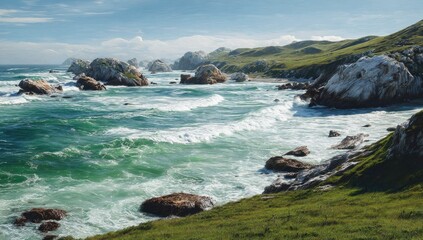 Fototapeta premium Coastal beauty Ocean waves crash against rocky shore, green hills in distance