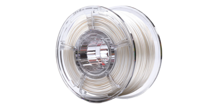 Clear plastic spool of off-white filament