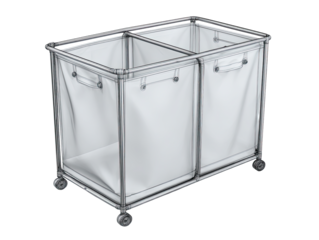 Laundry cart with two compartments.  Light gray/white,  wire frame.  Seemingly  fabric-lined.  Wheels visible