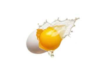 Raw egg shattering mid-air, golden yolk and translucent white bursting with droplets and shell fragments frozen on a transparent studio background, concept of disruptive innovation
