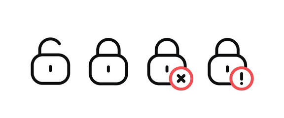 Lock and Unlock Icon Set, Minimalist White Padlock Symbols, Locked and Unlocked Security Illustration, Editable Vector Icon for Security Design.