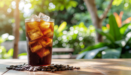 Glass of iced coffee captured with natural lighting, professional photography, no distortion, clean colors