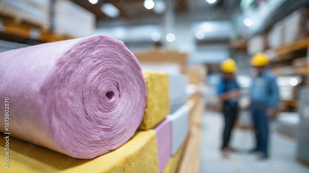 Poster insulation and drywall section showing pink fiberglass batts and gypsum board sheets stored vertical