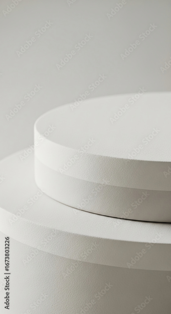 Poster close-up of two stacked white cylindrical platforms, showcasing a smooth textured surface ideal as a