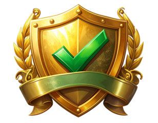 Golden Shield with Decorative Ribbon and Checkmark, Cartoon-Style Illustration, isolated transparent background PNG