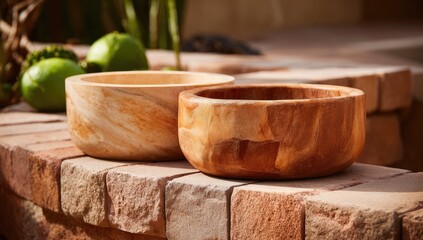 Wooden bowls sit on brick surface; lime greenery adorns background