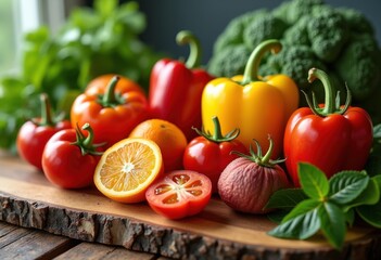 vibrant fresh fruits vegetables arrangement colorful wooden cutting board stylish display healthy culinary ingredients, cooking, garden, produce, nutrition, organic