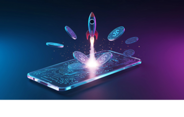 Digital currency rocket launch, innovation and growth on smartphone, abstract background
