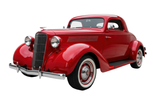 Isolated classic red car from the nineteen thirties with shiny chrome accessories