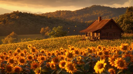 Rustic cabin in sunflowers field