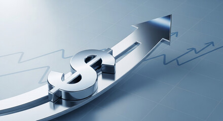 Metallic dollar sign on upward arrow, growth chart background, symbolizing financial success and investment growth, ideal for business presentations or marketing materials