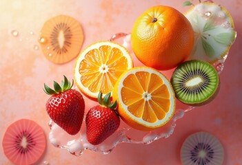 vibrant fruit composition floating textured backdrop colorful visual elements freshness radiance, orange, apple, grape, kiwi, berry, watermelon, pineapple