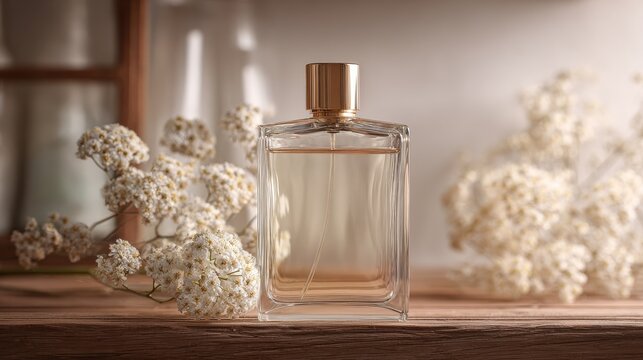 Elegant fragrance bottle with floral arrangement on wooden table, showcasing beauty and sophistication in a serene indoor setting
