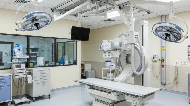 Empty surgery room with c-arm fluoroscopy machine and medical lights panning across the space, modern medical facility footage.