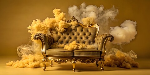 Elegant vintage sofa surrounded by golden cloud-like smoke in a dimly lit room for a surreal aesthetic vintage sofa, golden clouds, cinematic lighting, luxurious furniture, elegant decor, surreal aest