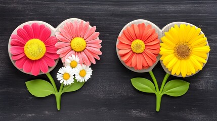 Fototapeta premium Vibrant Daisy Flower Pair Arrangements on Dark Wood