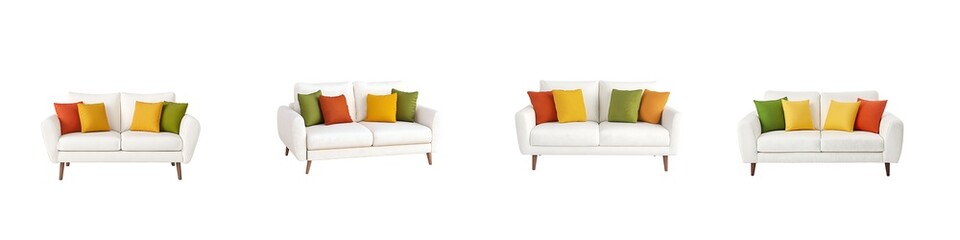Fototapeta premium Set of white sofa with colorful pillows isolated on transparent background